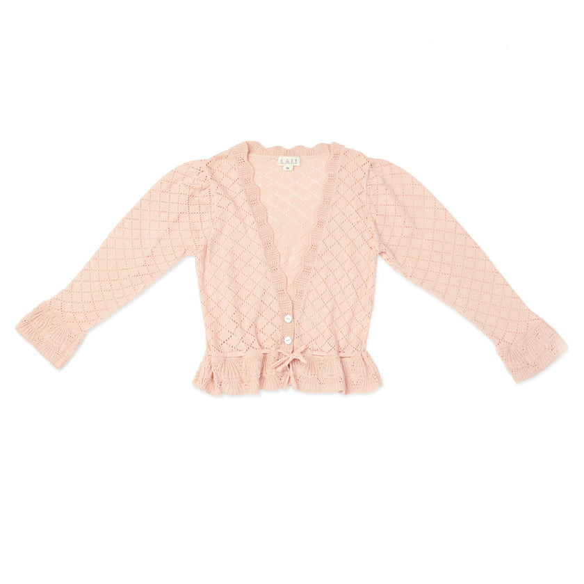 Lacy Knit Scalloped V-Neck Long Cuffed Sleeve Tie Waist Cardigan