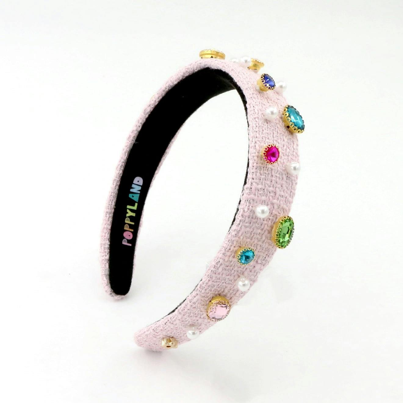 Light Pink Tweed Bejeweled Headband