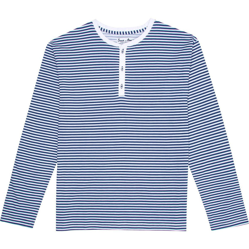 Men's Marina Jersey Long Knit Henley - Navy Stripe Organic Stretch Cotton