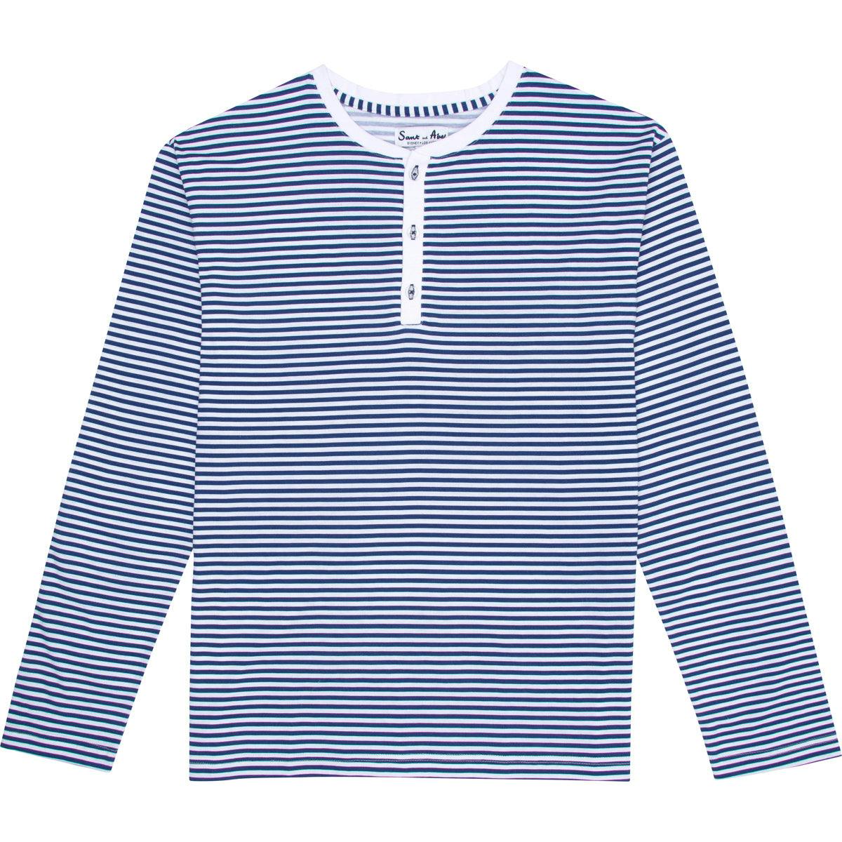 Men's Marina Jersey Long Knit Henley - Navy Stripe Organic Stretch Cotton