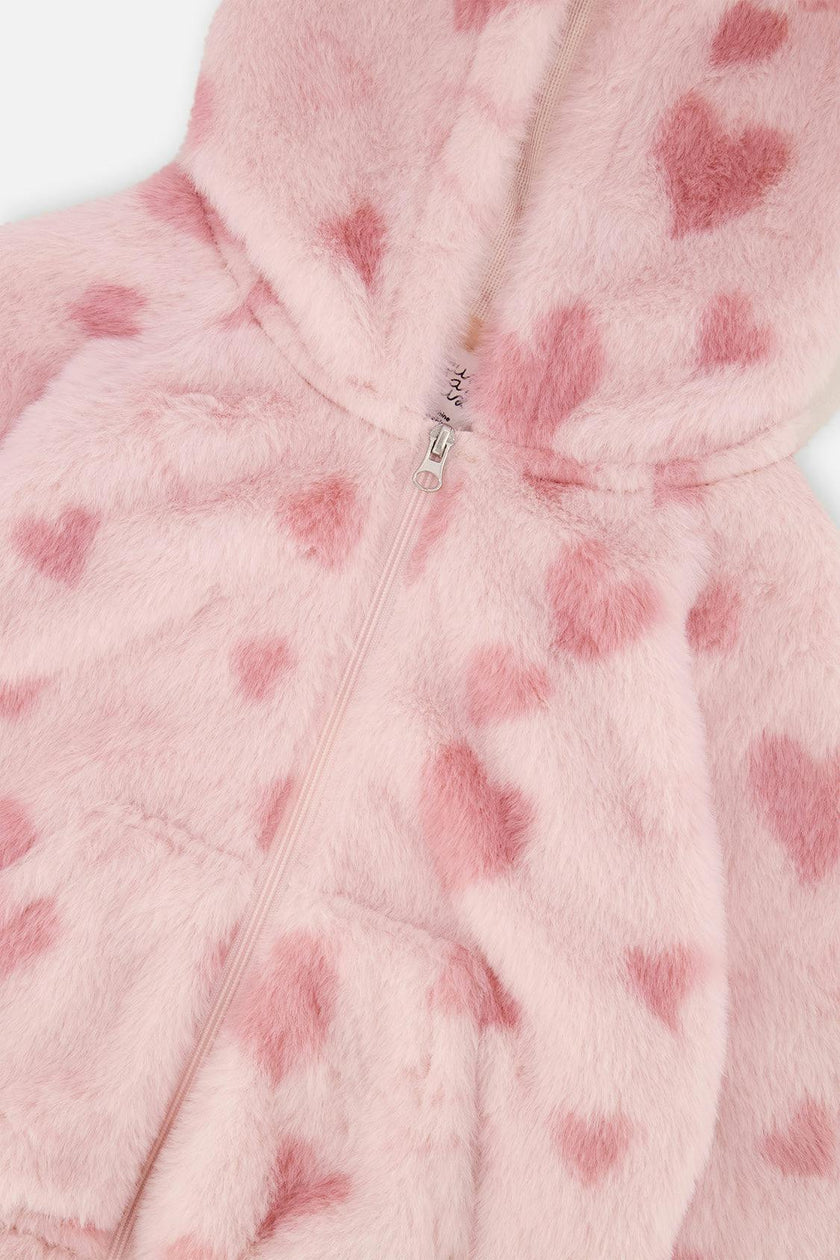 Hooded Full Zip Faux Fur Jacket Pink Printed With Hearts