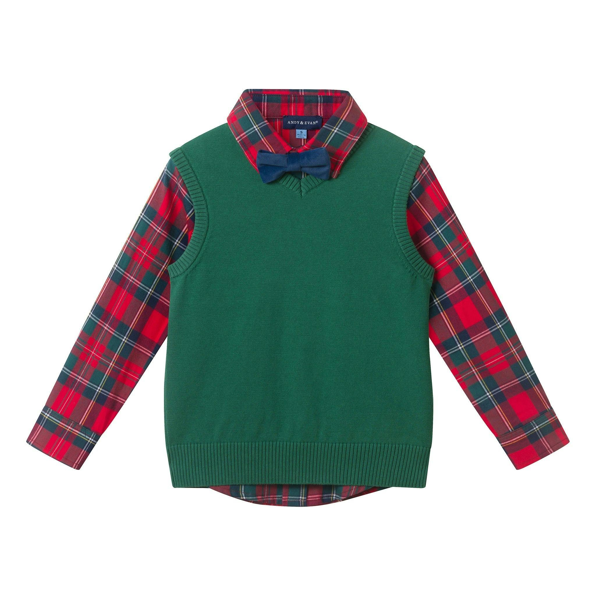 Kids 4-Piece Sweater Vest Set | Holiday Plaid