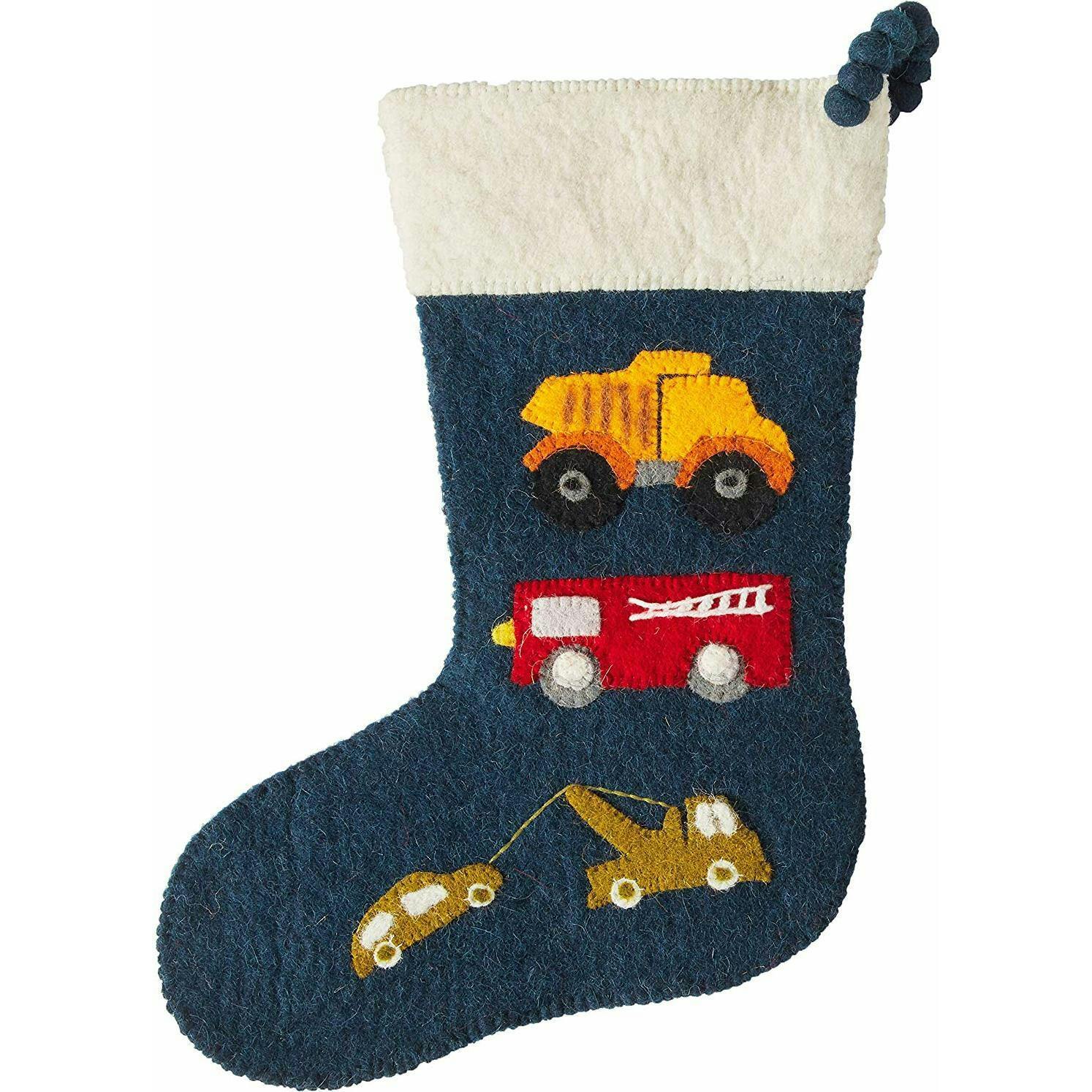 Trucks Navy Christmas Stocking Hand Felted Wool