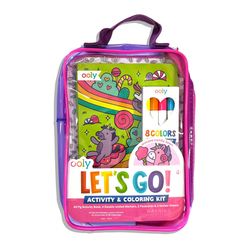 Let's Go! Activity & Coloring Kit - Unicorn Candy Town - Activity Book Markers Postcards Stickers