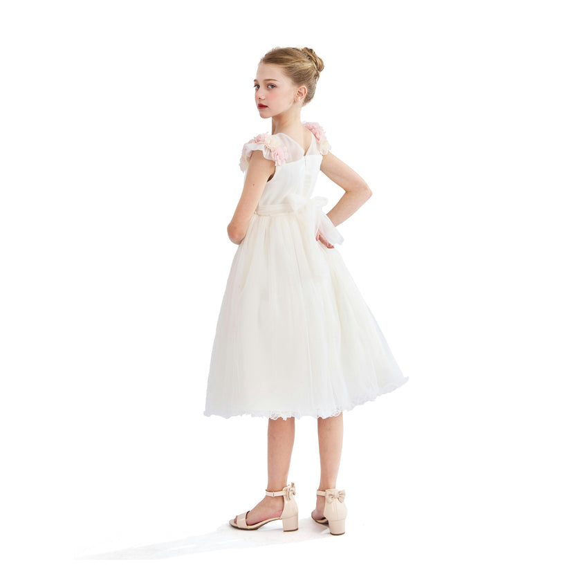 White Silvera Dress with Pink Petal Trim