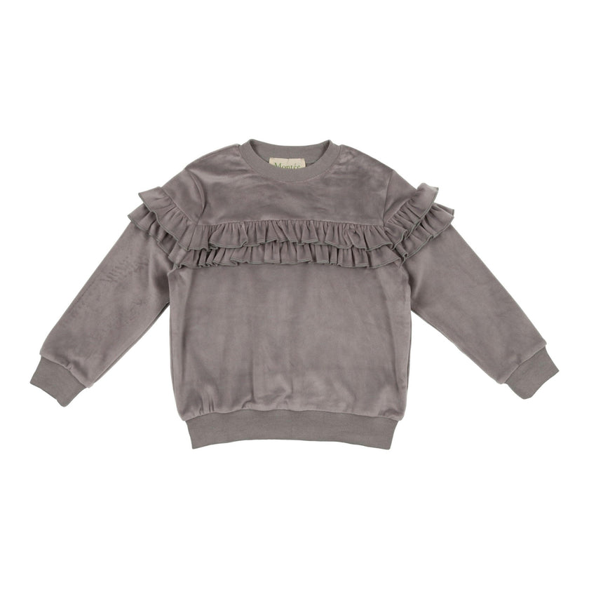 Velour Crew Neck Ruffle Chest Long Sleeve Sweatshirt
