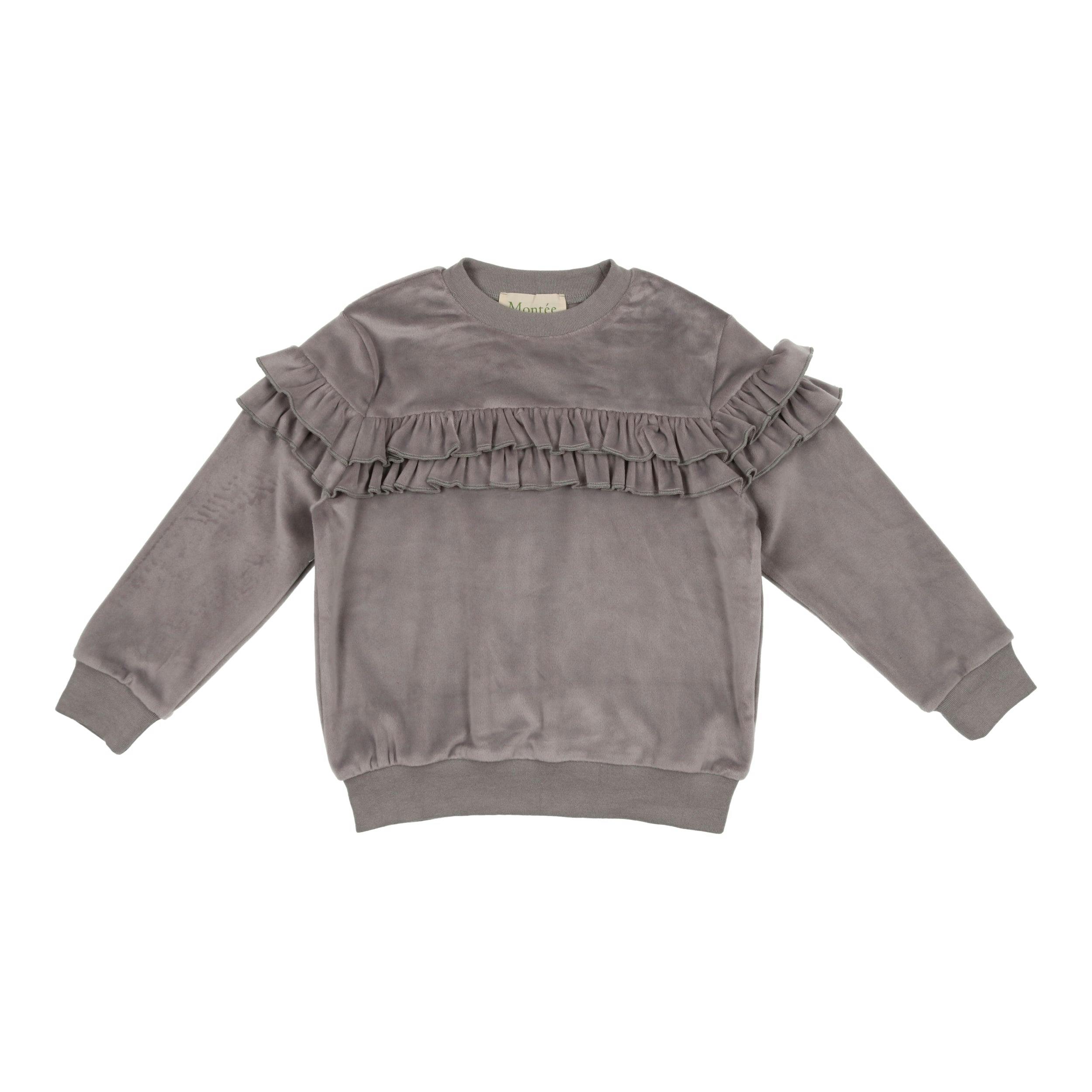 Velour Crew Neck Ruffle Chest Long Sleeve Sweatshirt