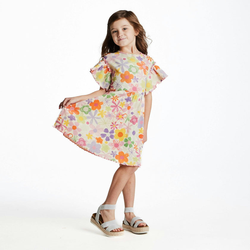 Girls Printed Rib Dress | Multicolor Floral