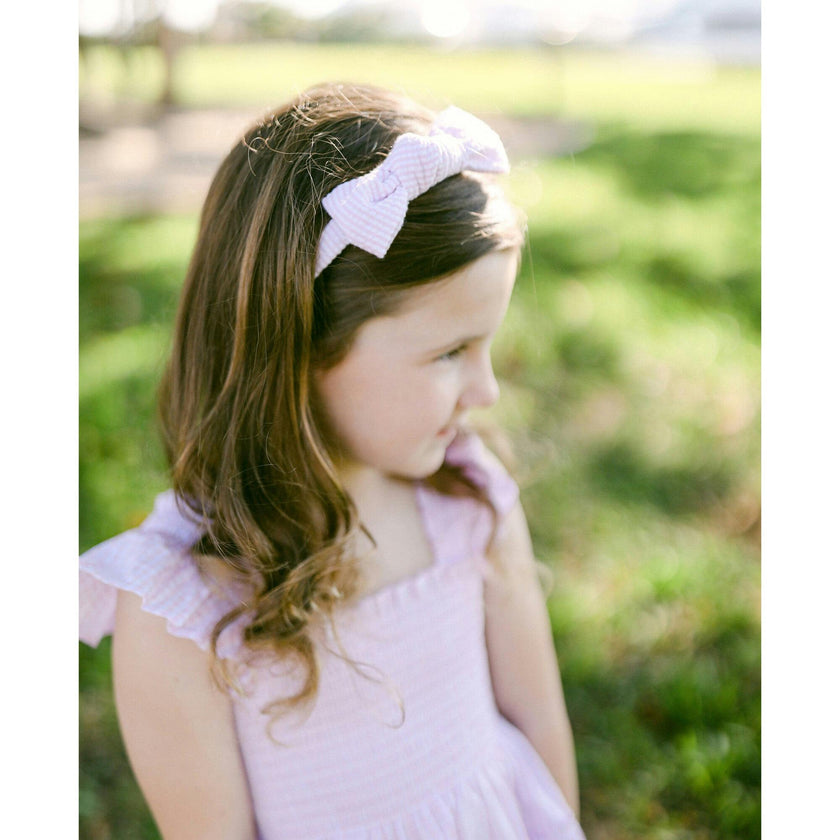 Seersucker Bow Headband in Pink/White