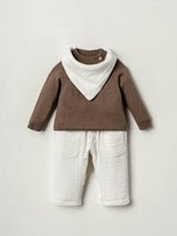 Brown 3-Piece Knit Sweater, Pant & Bandana Bib Set