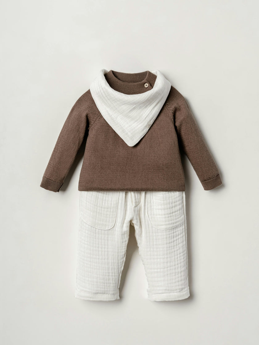 Brown 3-Piece Knit Sweater, Pant & Bandana Bib Set