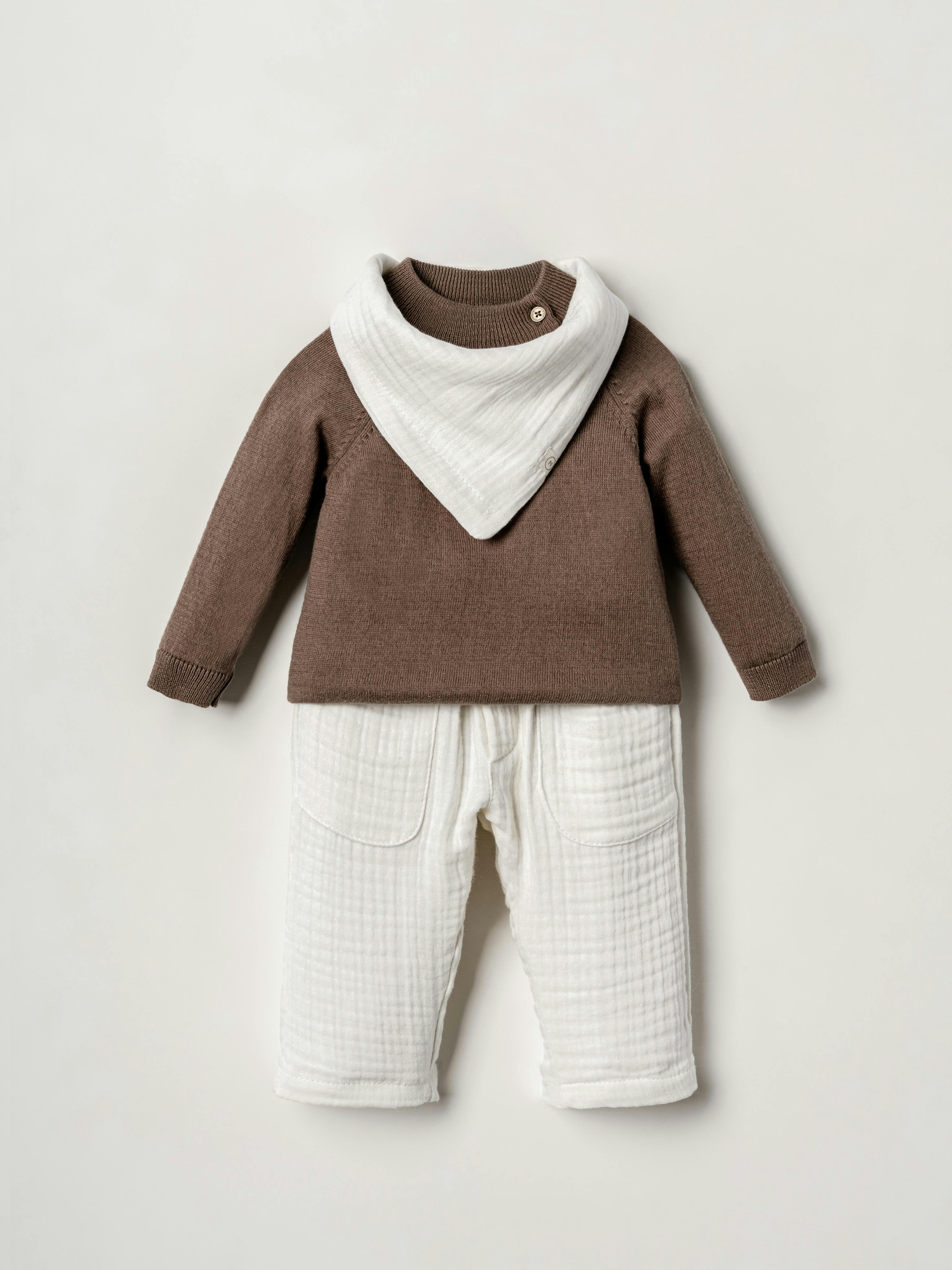 Brown 3-Piece Knit Sweater, Pant & Bandana Bib Set