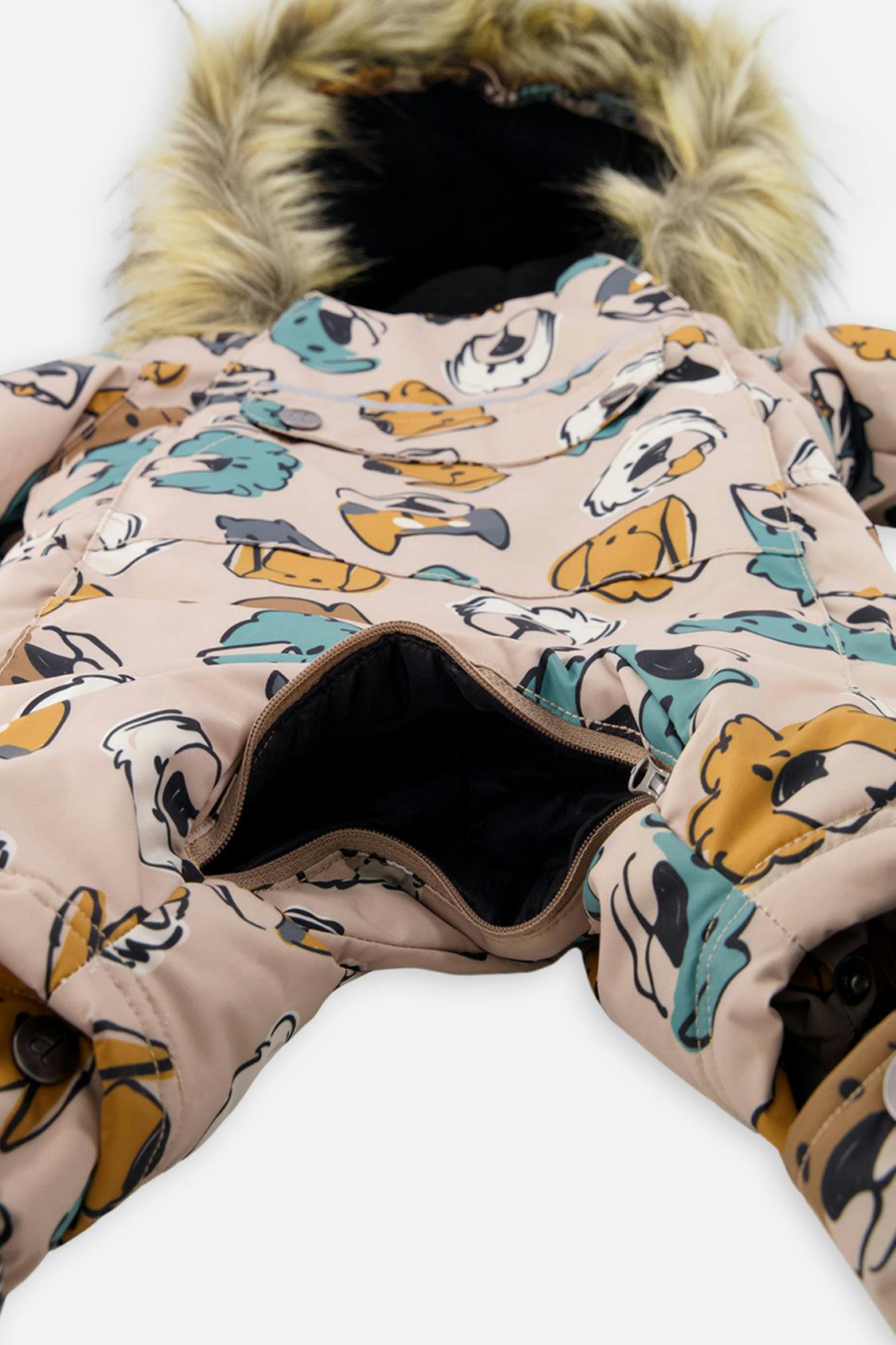 Baby One Piece Snowsuit Adapted For Car Seats Beige Dog Print