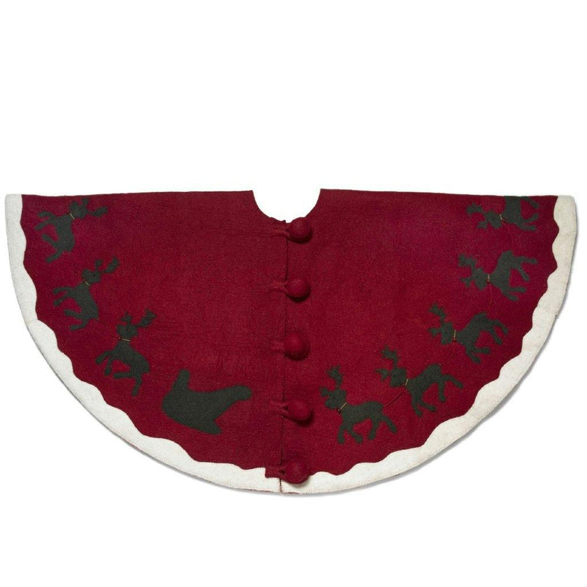 Handmade Felt Sleigh and Reindeer Red Christmas Tree Skirt 60"