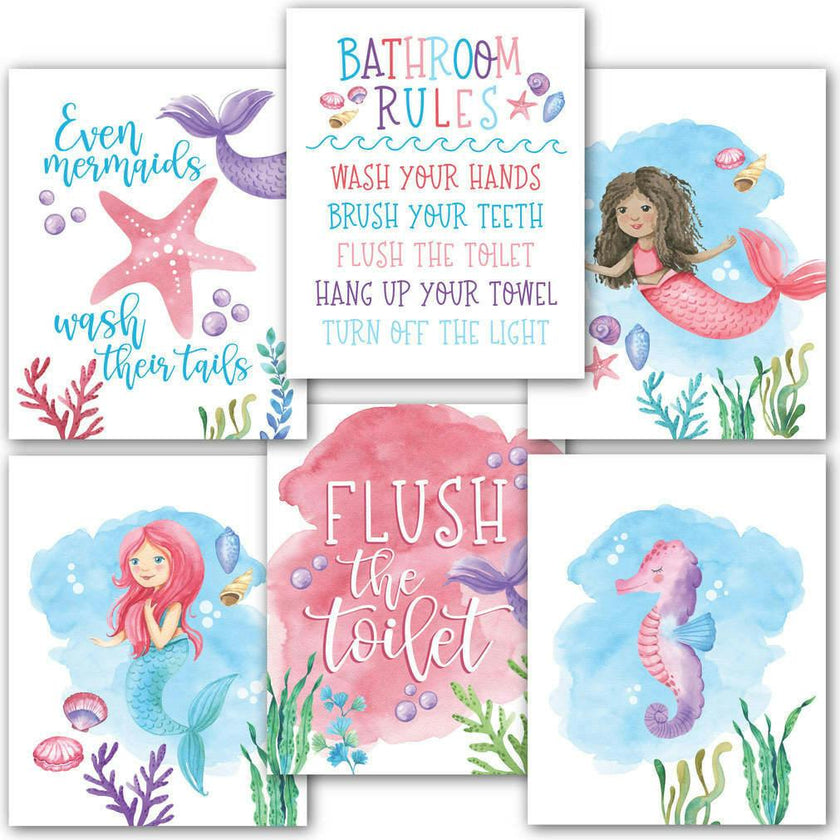 10-Piece Mermaid Potty Training Charts & 6-Piece Under the Sea Bathroom Wall Art Decor Prints