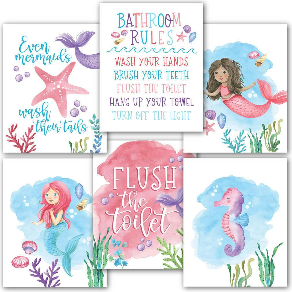 10-Piece Mermaid Potty Training Charts & 6-Piece Under the Sea Bathroom Wall Art Decor Prints