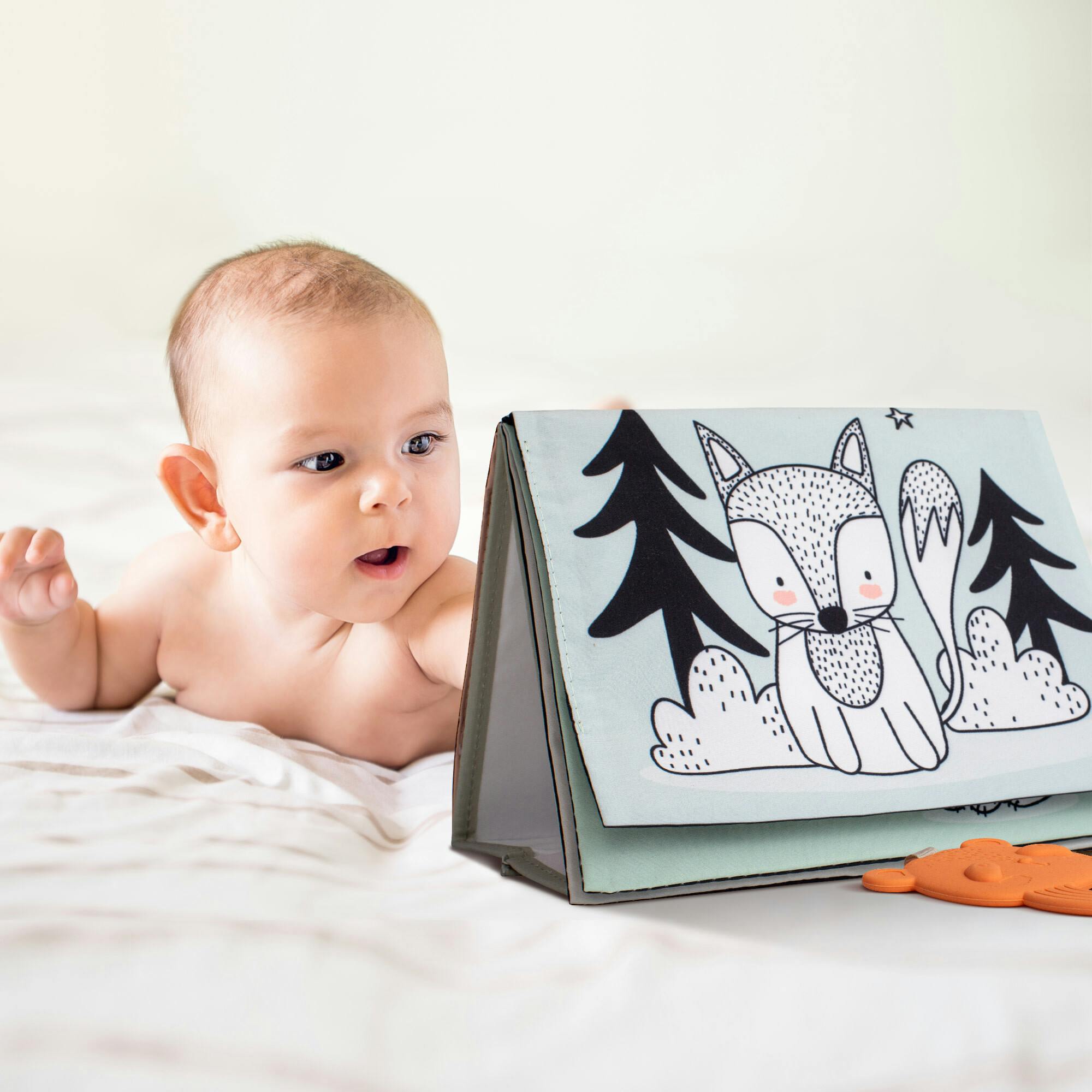 Soft Tummy Time Book w/Large Stimulating Baby Safe Mirror - High Contrast Montessori Toy w/Mirror, Crinkle Filling & Silicone Teether - For Newborn Development