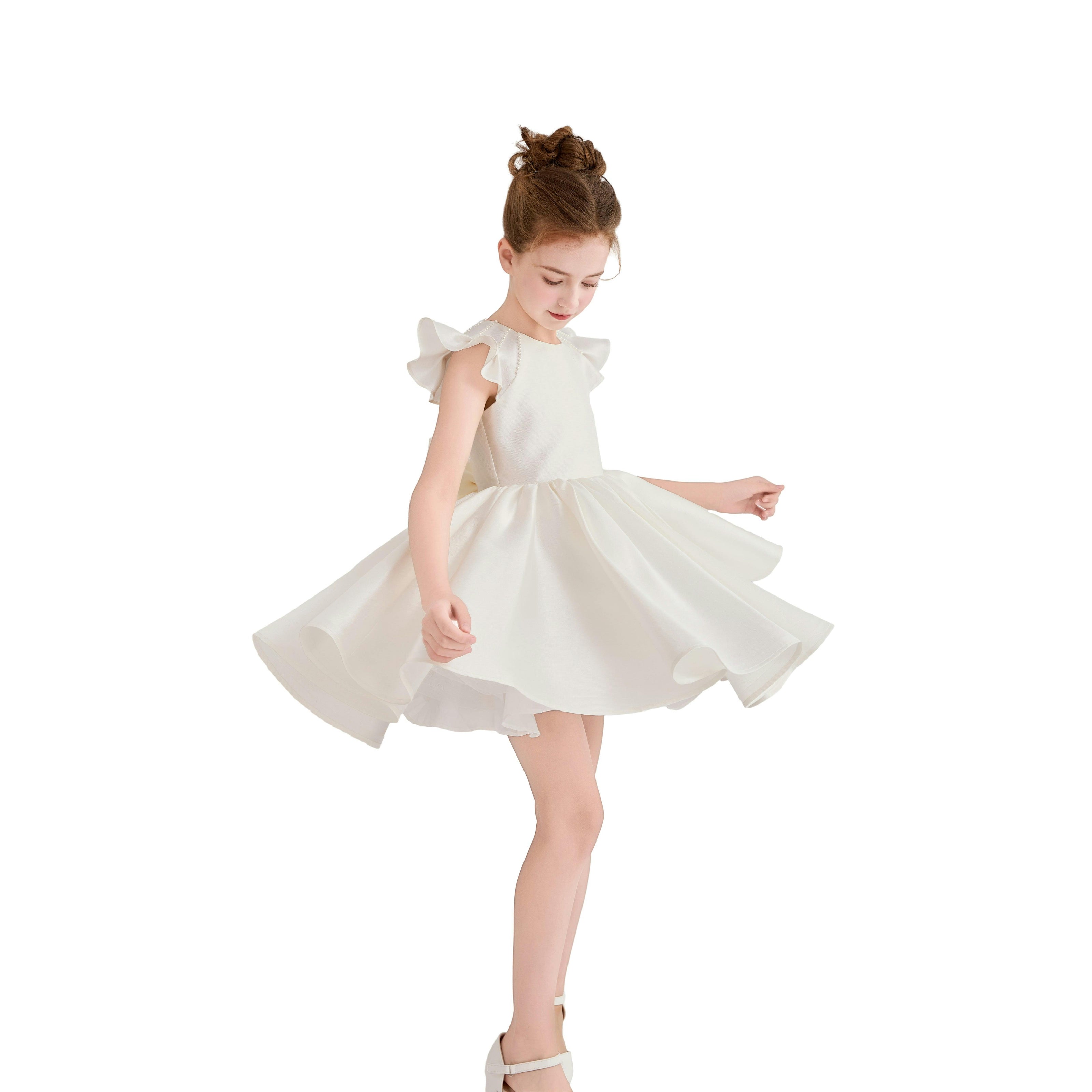 White Maravelle Satin Flutter-Sleeve Dress