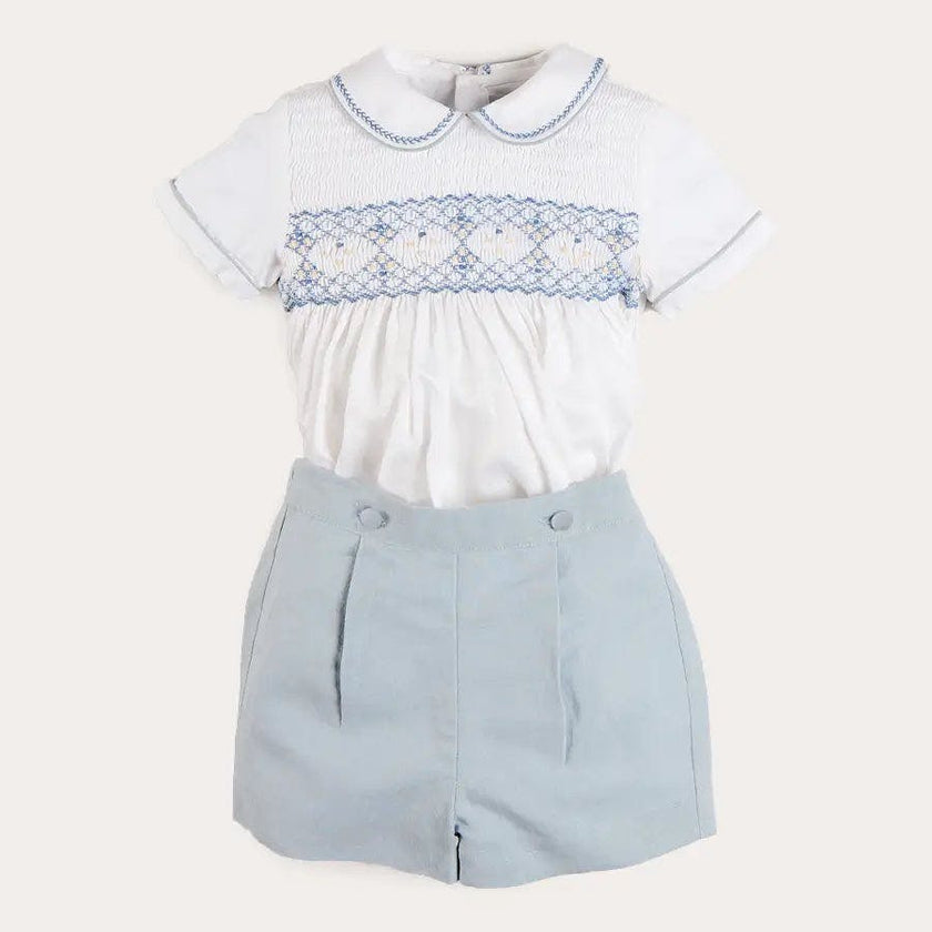 Hand Smocked Peter Pan Collar Short Sleeve Two Piece Set in Sky Blue (12mths-6yrs)