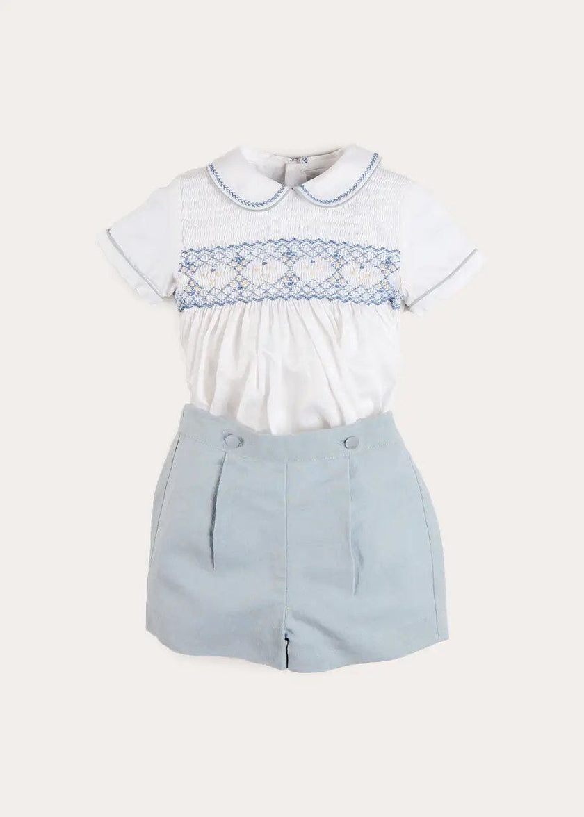 Hand Smocked Peter Pan Collar Short Sleeve Two Piece Set in Sky Blue (12mths-6yrs)