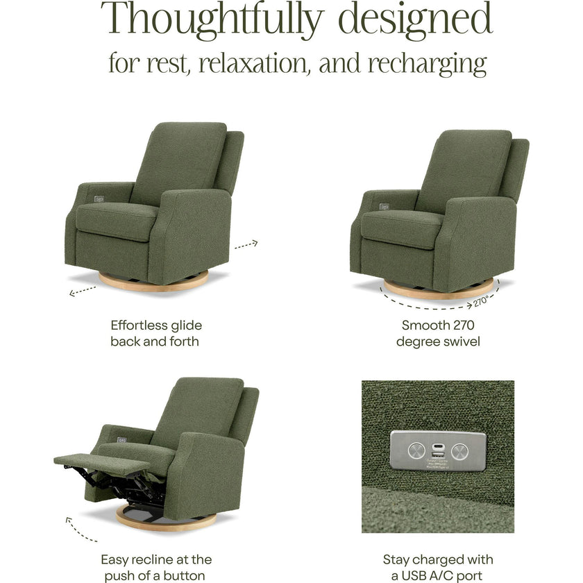 Crewe Electronic Recliner and Swivel Glider in Olive Boucle with Light Wood Base