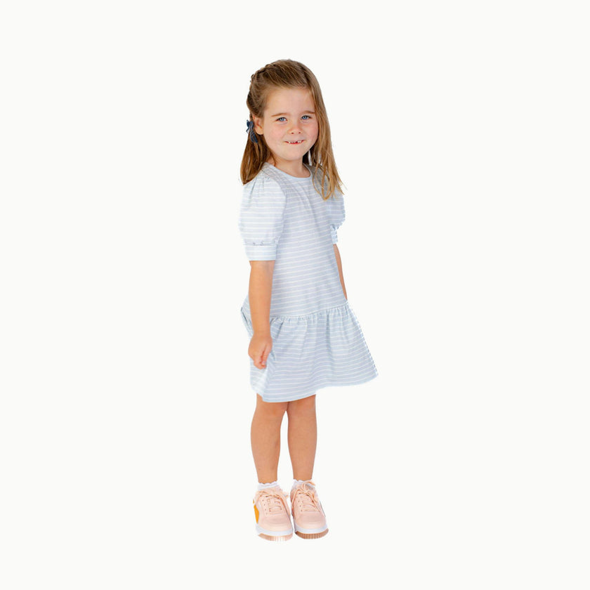 Puff Sleeve Tennis Dress in Blue & White Heart Stripe