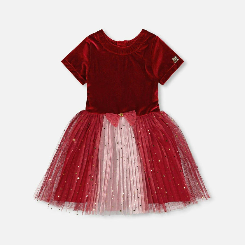 Bi-Material Short Sleeve Party Dress