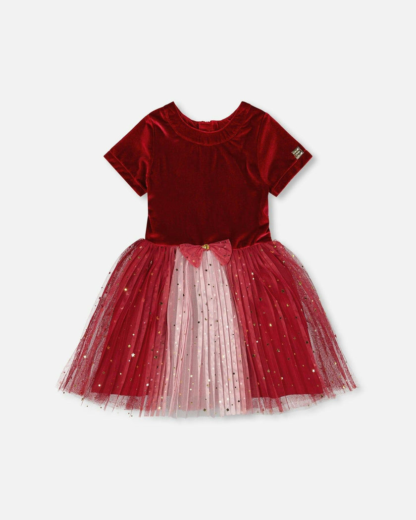 Bi-Material Short Sleeve Party Dress