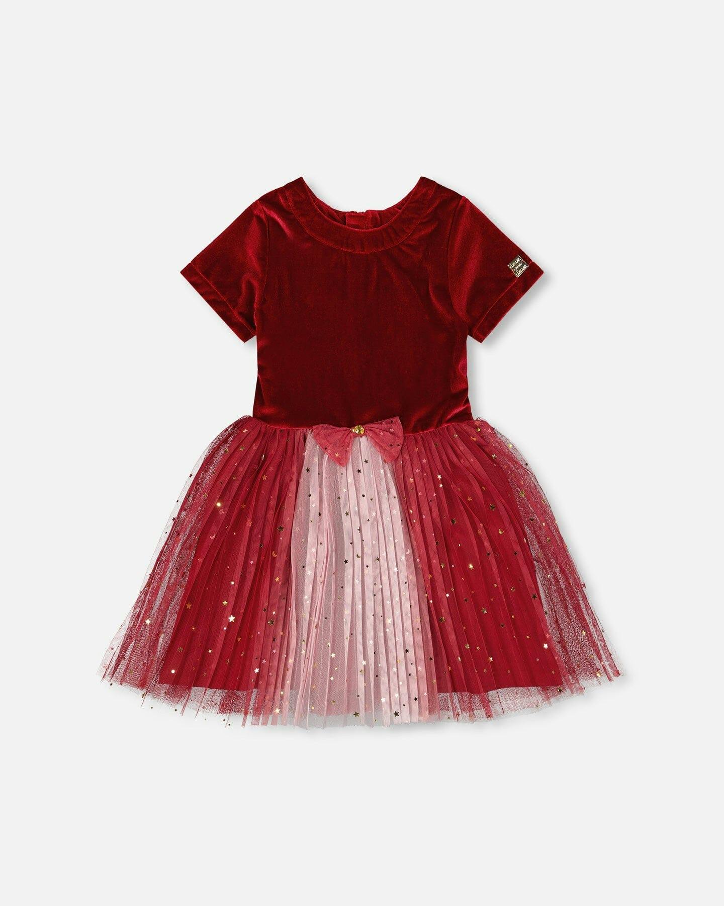 Bi-Material Short Sleeve Party Dress