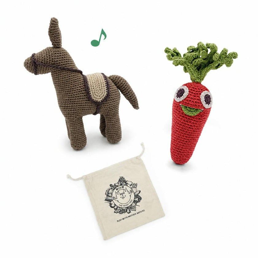 Donkey Gift Box 🥕👀🫏 100% organic cotton crochet rattle and music box