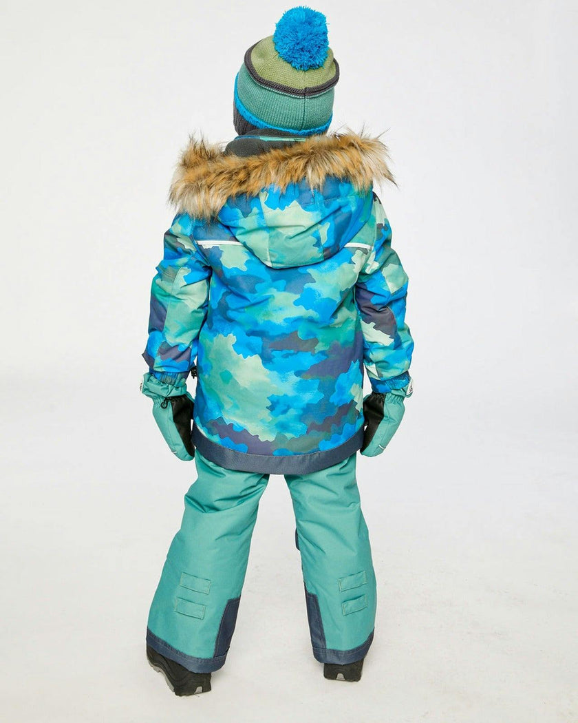 Two Piece Play Snowsuit Blue Camouflage Print With Green Pants