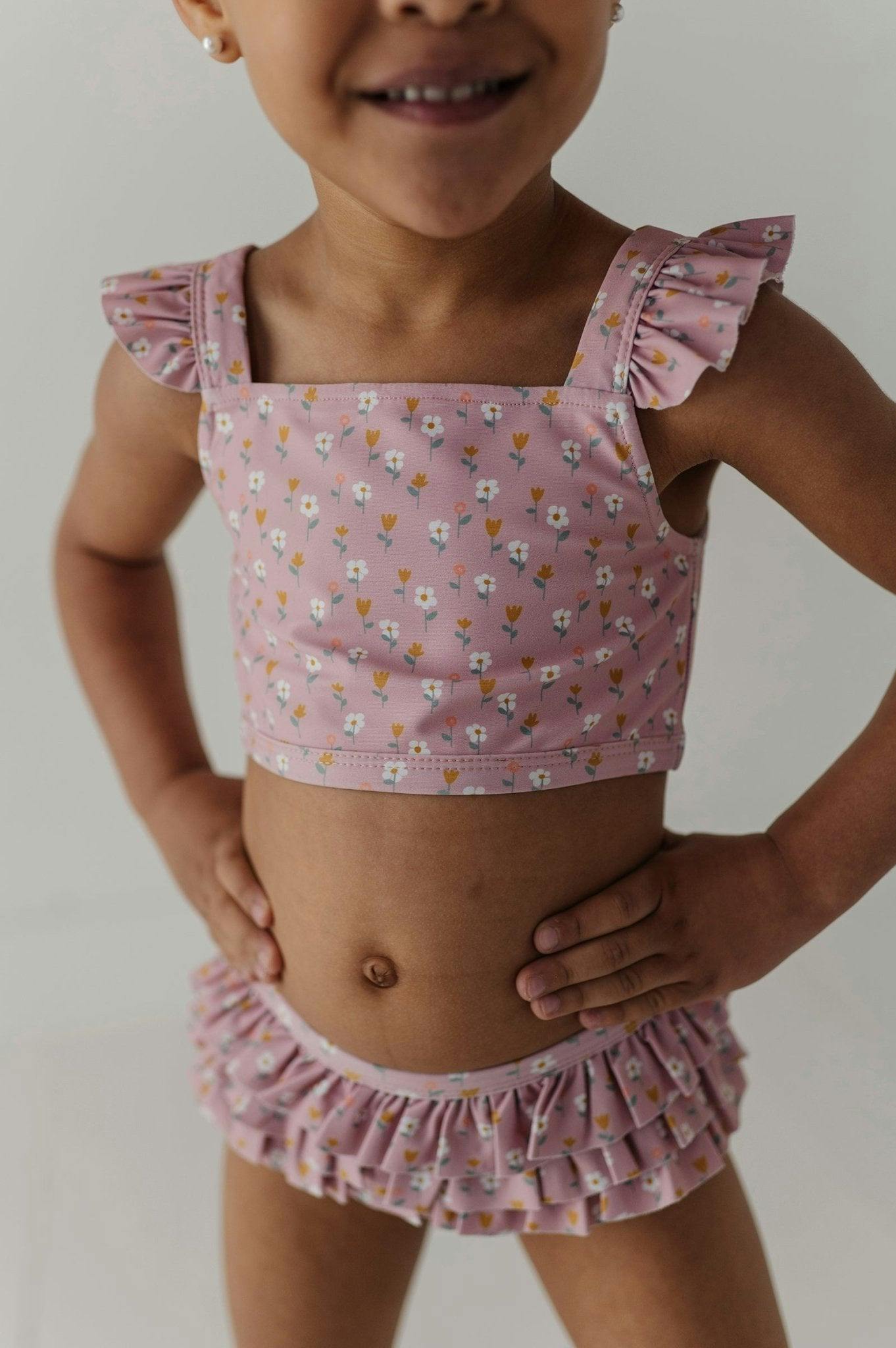 Girls Two-Piece Swimsuit in Aqua Grey Floral