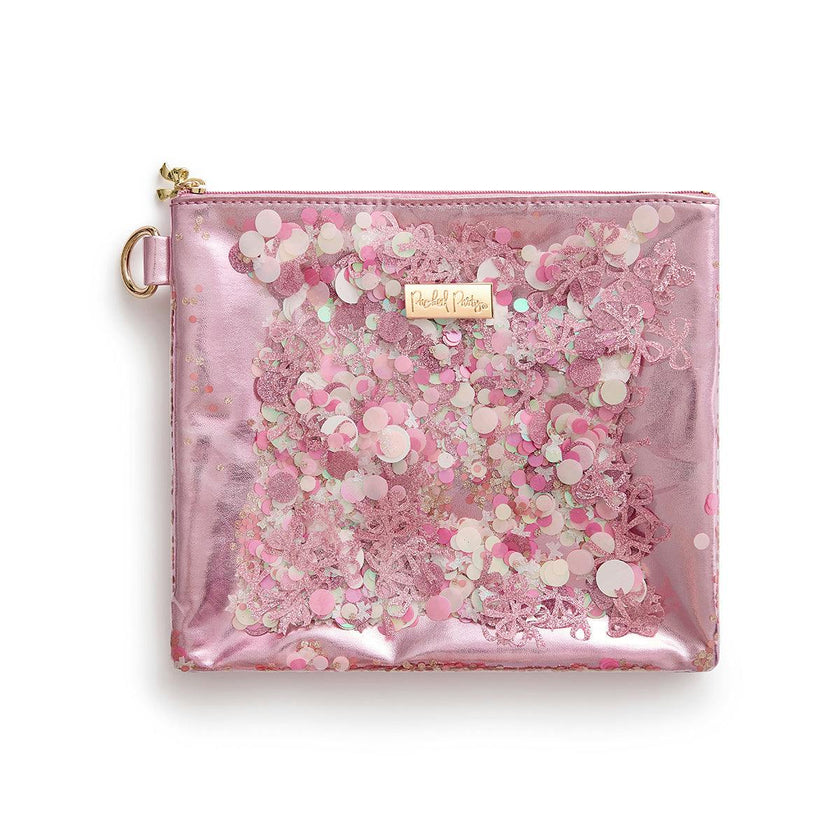 Packed Party Back to Fun Pink Bow Confetti Everything Pouch – Metallic Leatherette with Confetti-Trapped Vinyl Front, Spot Clean, 8.75x7.65 Inch