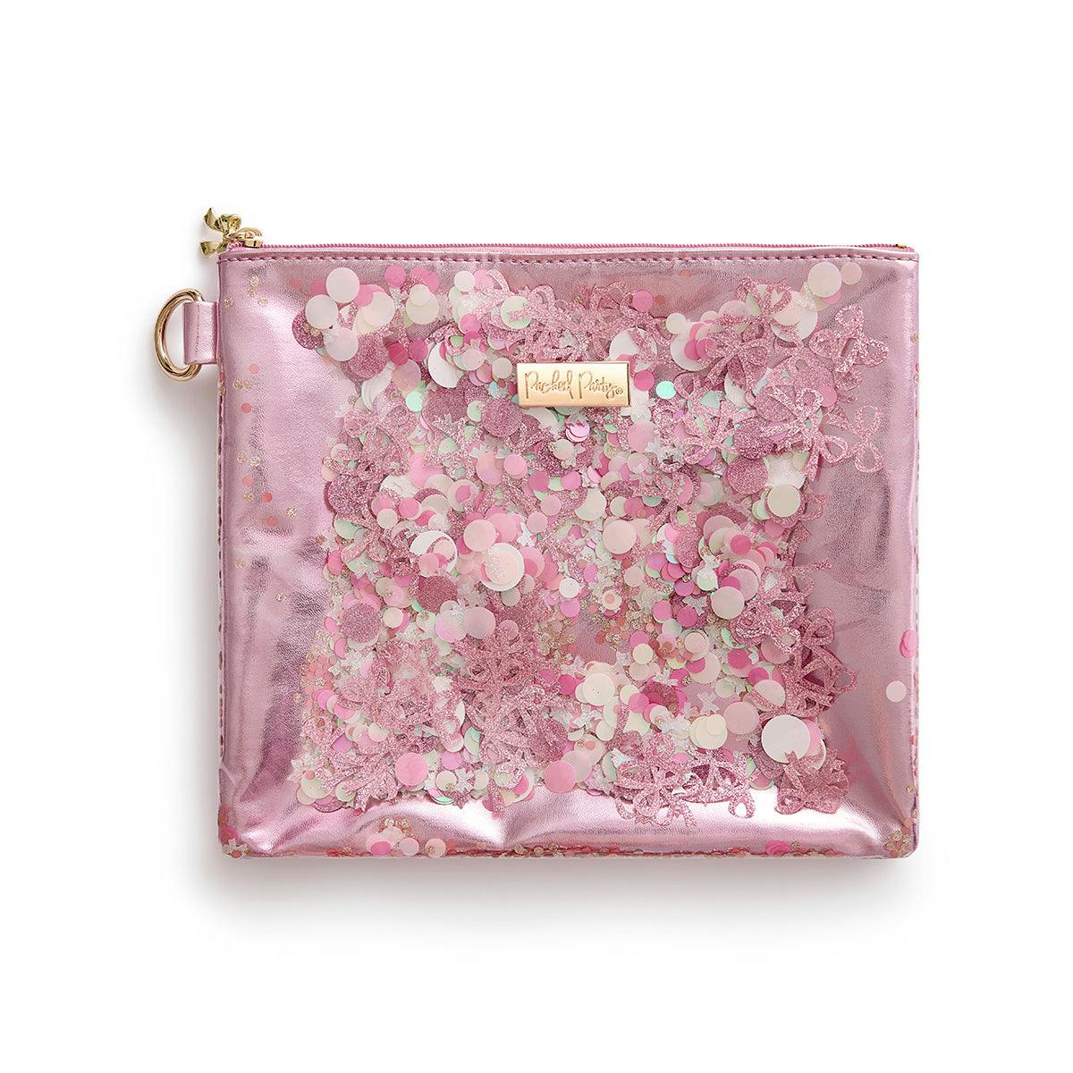Packed Party Back to Fun Pink Bow Confetti Everything Pouch – Metallic Leatherette with Confetti-Trapped Vinyl Front, Spot Clean, 8.75x7.65 Inch