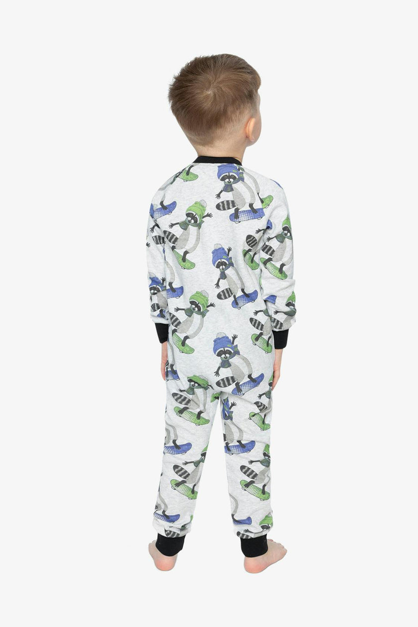 Organic Cotton One Piece Pajama Beige Raccoon Print