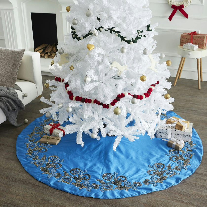 Hand Beaded Imperial Blue Silk Christmas Tree Skirt Blue 60" / 72"