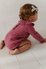 Girls Gauze Frill Neck Bodysuit in Mesa Rose