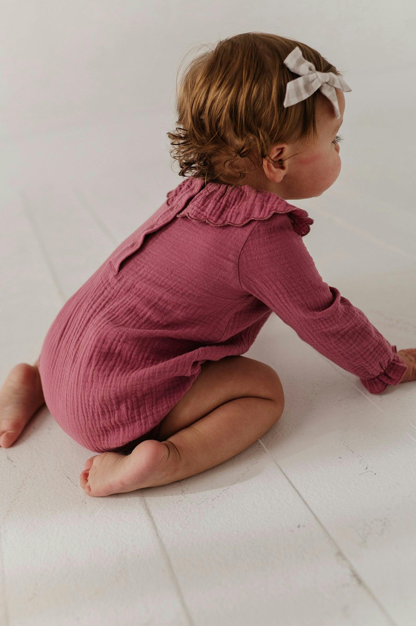 Girls Gauze Frill Neck Bodysuit in Mesa Rose