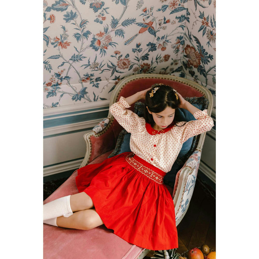 Marie Red Smocked Skirt & Blouse