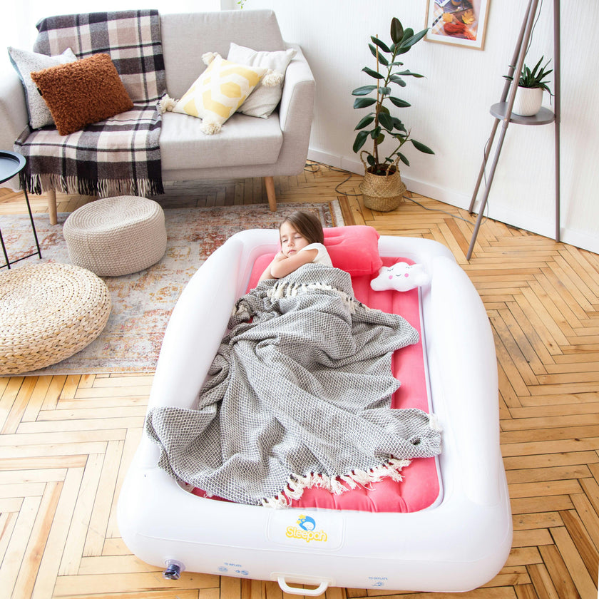 Inflatable Toddler Travel Bed – Kids Blow Up Air Mattress + Safety Bumpers