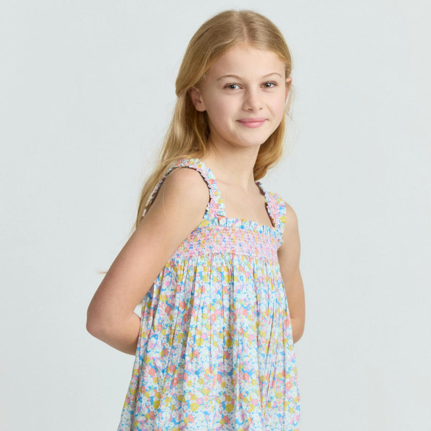 girls jasmine blossom smocked ruffle strap dress