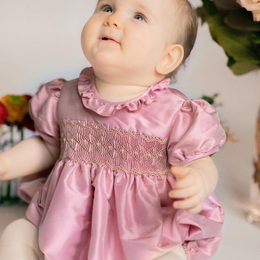 Astrid Pink Silk Smocked Baby Bubble