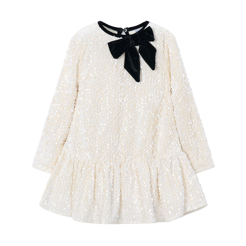 Ivory Sequin Velvet Bow Dress