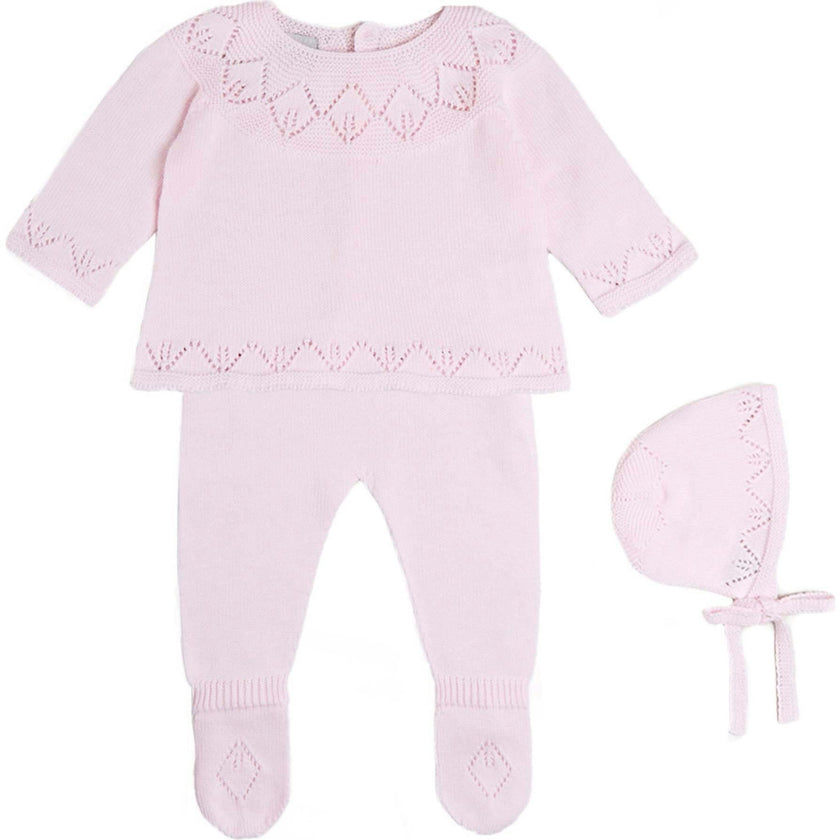 Diamond Openwork Three Piece Knitted Set in Light Blue (1-9mths)
