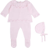 Diamond Openwork Three Piece Knitted Set in Baby Pink (1-9mths)