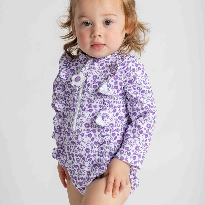 Floral Print One Piece Rashguard with Ruffles