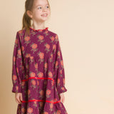 Long Sleeves Tiered Skirt Dress with Velvet Trim