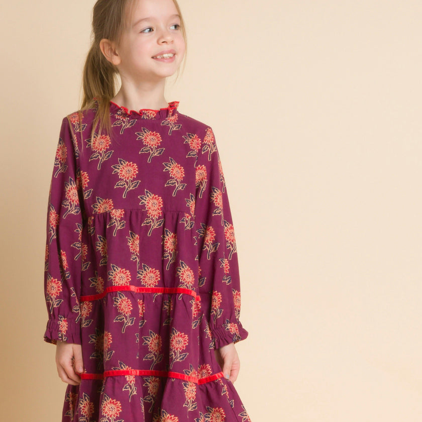 Long Sleeves Tiered Skirt Dress with Velvet Trim