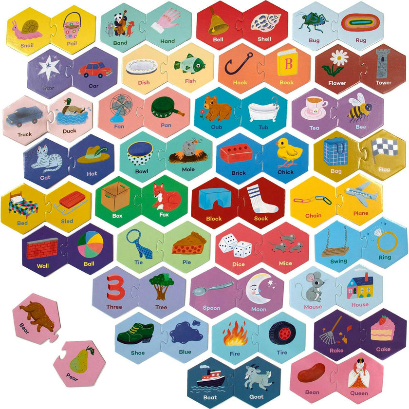 Hexagon Puzzle Pairs: Rhyming Words