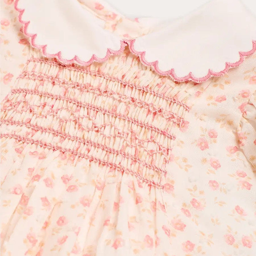 Martha Floral Hand Smocked Cap Sleeve Scallop Collar Dress in Pink (1-9mths)